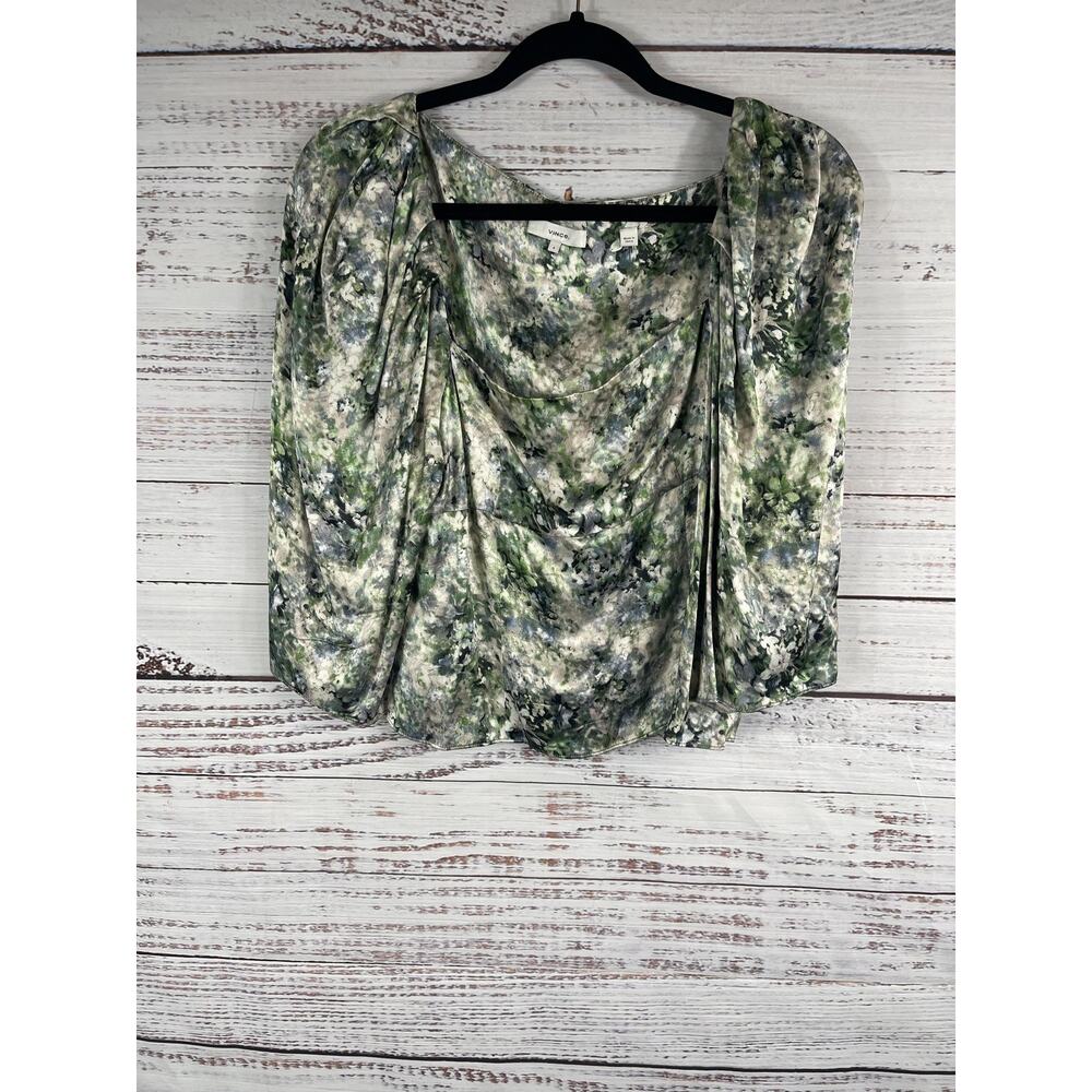 Vince Blouse Women's SZ 6 Green Floral Print Long Sleeve Draped Front Top Shirt - Picture 3 of 9